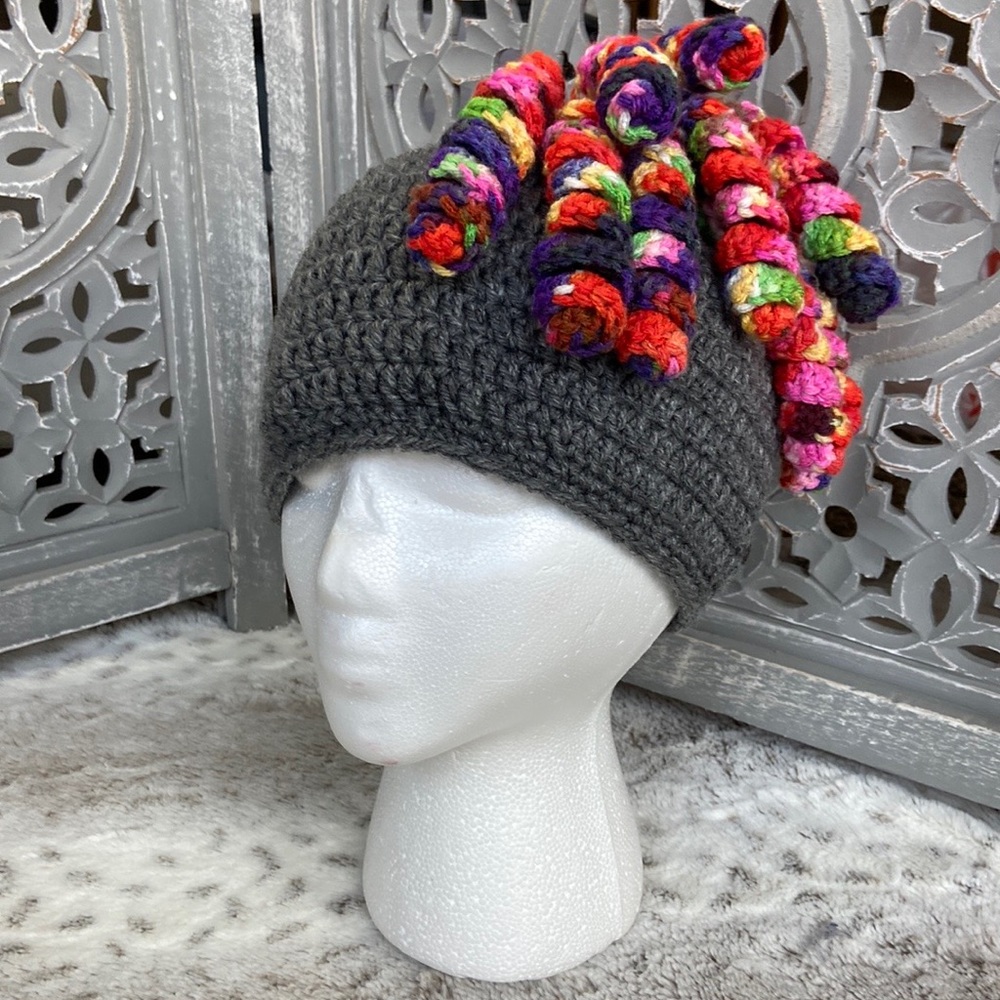 Handmade knit beanie boys girls OS rainbow ponytail curls unique Kidcore winter
